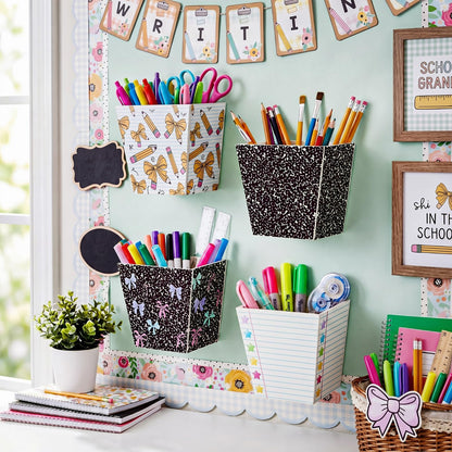Leinuosen 4 Pack Back to School Pencil Holder Composition Notebook Classroom Decor Pencil Dispenser with Bow Star Wooden Wall Mount Pen Organizers with Foam Adhesive for Teacher First Day of School