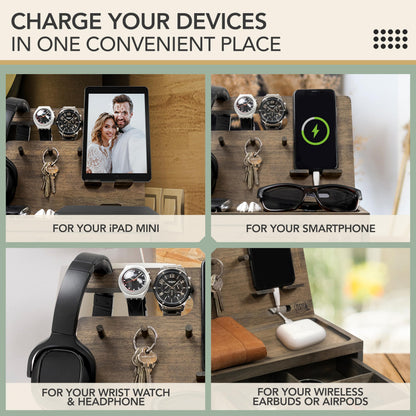 EcoLeafy Dot Nightstand Organizer for Men- Phone Docking Station with Drawer for Cellphone, Watches, Sunglasses & Accessories- Makes an Ideal Gift for Dad or Son (Rustic)