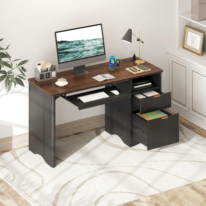 Bestier Computer Desk with Keyboard Tray, 55 inch Office Desk with Power Outlet, Modern Home Office Desk with File Drawer (Walnut with Black, 55" W with Single-Sided Drawers)