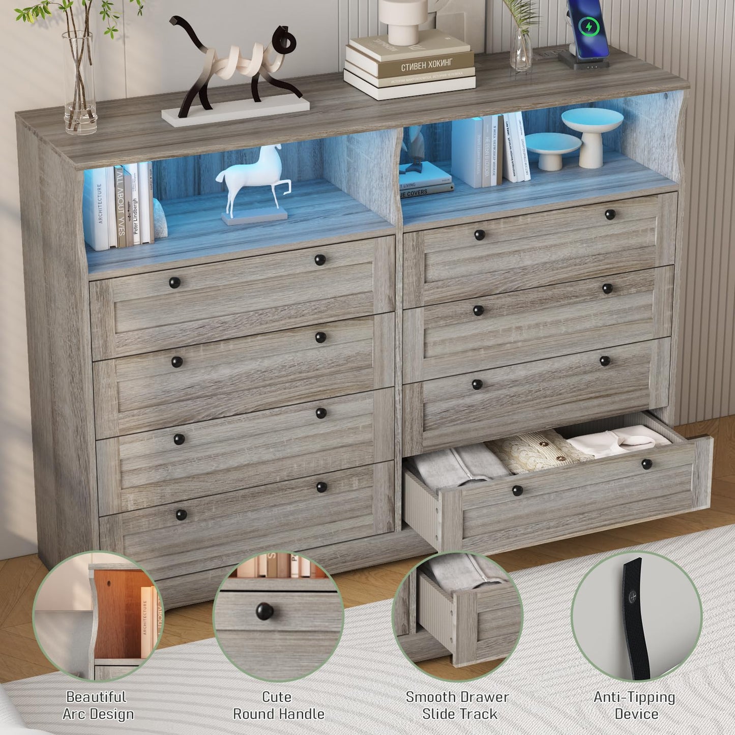 GAOMON 8 Drawer Wooden Dressers for Bedroom with Power Outlet and LED Lights, Grey Wood Chest of Drawers with Deep Drawer, Modern Wide TV Stand Dresser for 55" TV for Bedroom, Living Room, Hallway