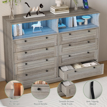 GAOMON 8 Drawer Wooden Dressers for Bedroom with Power Outlet and LED Lights, Grey Wood Chest of Drawers with Deep Drawer, Modern Wide TV Stand Dresser for 55" TV for Bedroom, Living Room, Hallway
