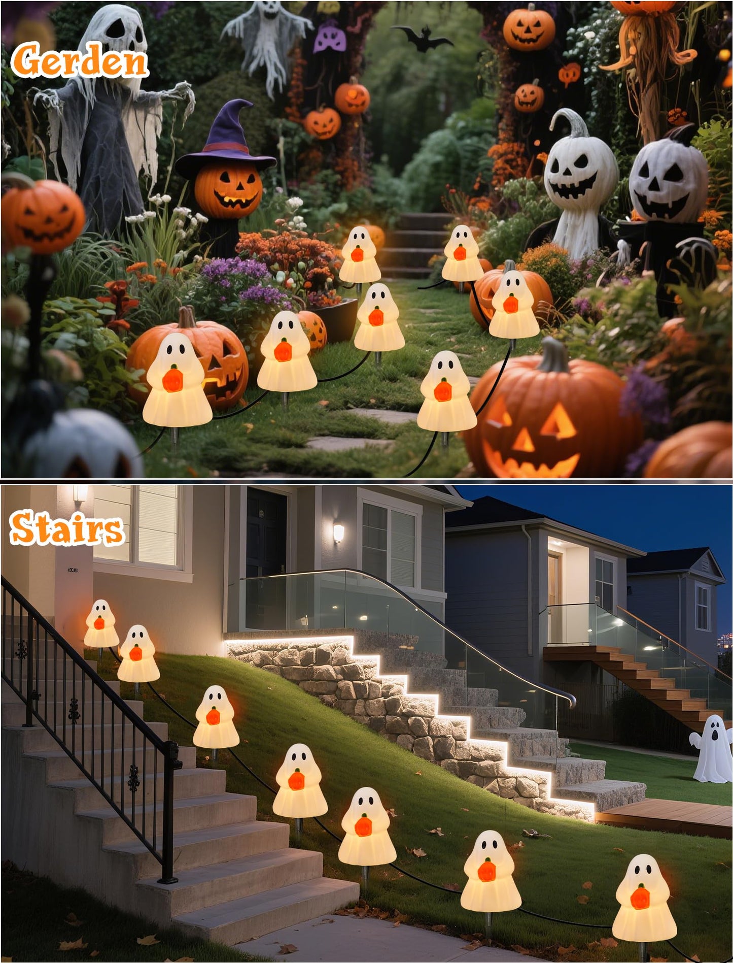 Halloween Ghost Pathway Lights, Ghost Pumpkin Pathway Decoration Lights Built-in 4 C7 LED Bulbs for Halloween Holiday Outdoor Yard Garden Walkway Decor, 7Ft 4PK
