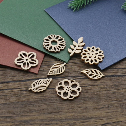 Micro Traders 100PCS Flower & Leaf Shapes Wooden Slices Wooden Embellishments Decorative Wood Chips Ornaments for DIY Scrapbooking Card Making Crafts