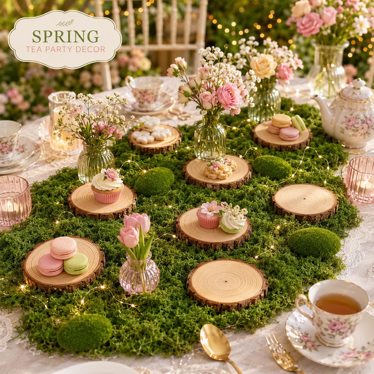 Fbidfoll 10 Wood Slices with Faux Moss, Moss Table Decor Centerpiece Kit