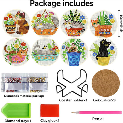 8 Pcs Cat Diamond Art Coasters with Holder, Cat Diamond Painting Coasters Kit for Adults, Crafts Kits for DIY Coasters for Cat Lover Gift 4X4 inch