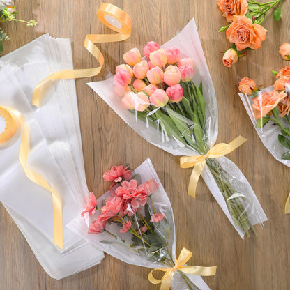 Fullhawl 50 Pcs Flower Bouquet Wrapping Bags 9.8 x 17.9 Inch and 14.2 x 22 Inch Mother's Day Kraft Paper Flower Sleeves Floral Bags with Ribbons for Bouquet Wedding Birthday Graduation (White)