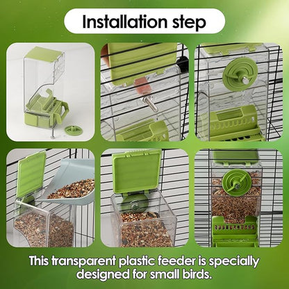 Bird Feeder No Mess 2PCS Automatic Clear Bird Seed Food Container Acrylic Parrot Feeder Dispenser Cage Accessories for Parakeet Budgies Cockatoo Canary Love Bird (Green)