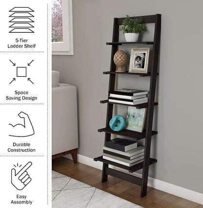 Lavish Home 5-Tier Ladder Shelf – 50" Narrow Leaning Wood Bookcase for Small Spaces, Decorative Storage in Living Room, Office, or Bathroom – Black Modern Display Shelf