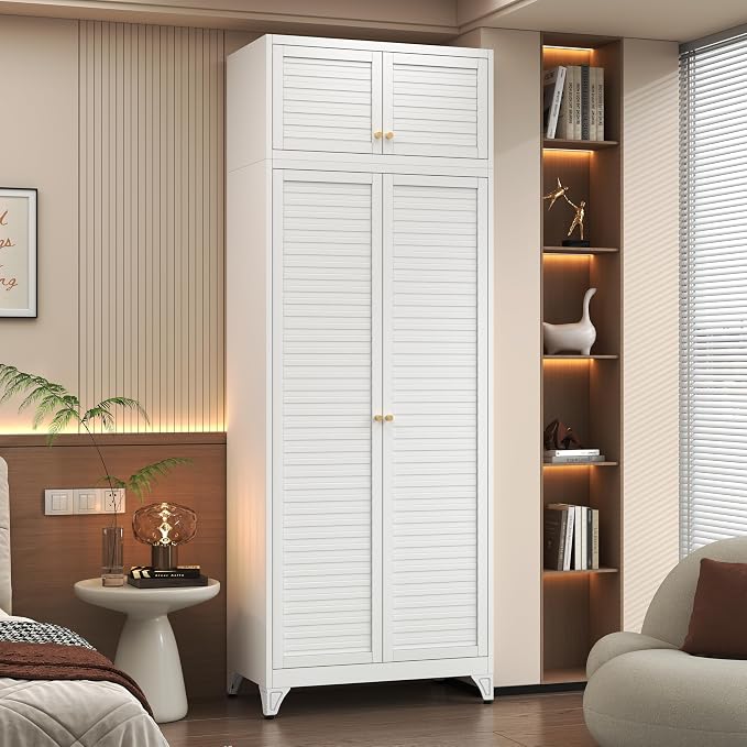 Polup Metal Armoire Wardrobe Closet, 86" Tall Wardrobe Armoire with Hanging Rod, Almirah for Clothes with Doors, 18" D x 32" W x 86" H, White, Assemble Required, Shipped in Two Packages