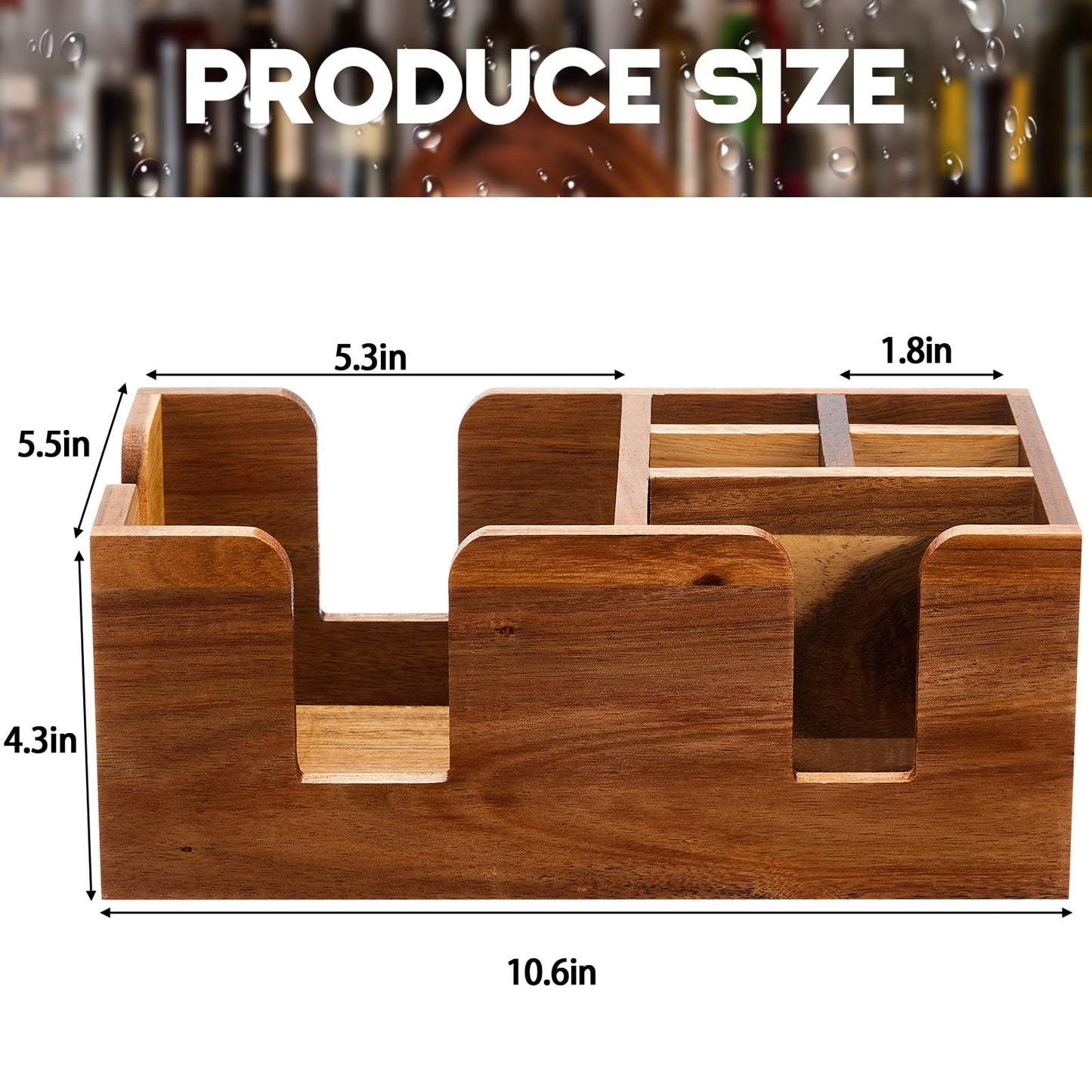 Mifoci 2 Pcs Acacia Bar Caddy with 5 Compartments, Wooden Bar Napkin Holder Organizer Cocktail Straws and Toothpicks Condiments for Home Office Kitchen Countertop(10.6 L x 5.5 W)