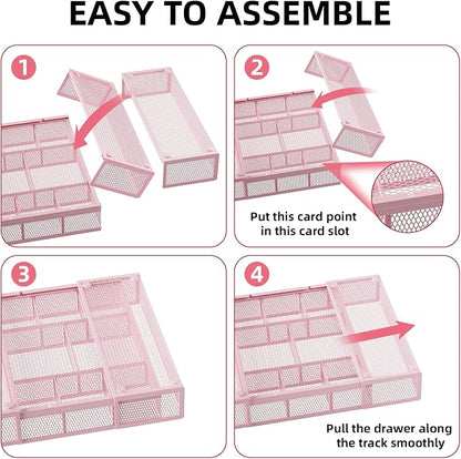 Marbrasse Expandable Desk Drawer Organizer, Mesh Tray with 10 Adjustable Compartments, Desk Organizers for Office Supplies, Makeup & Vanity (Expandable-Pink)