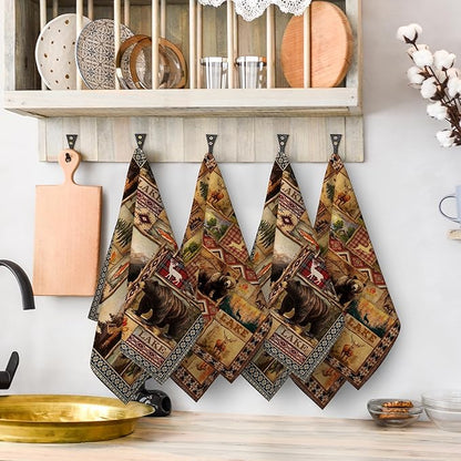 Vintage Rustic Kitchen Towel Set of 4, Lodge Bear Mountain Dish Towels