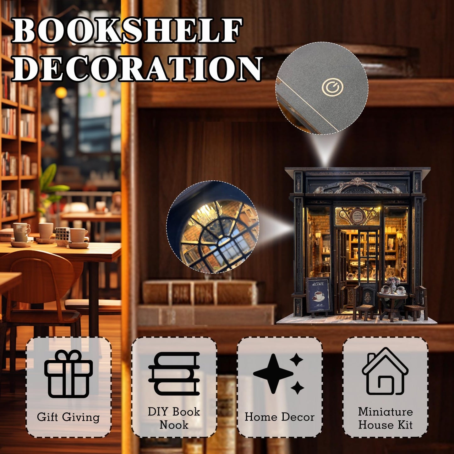 Coffee Shop Book Nook Kit, DIY Miniature House Kit with Led Light for Adult and Teens, 3D Wooden Puzzles Book Nook, Tiny House, Gifts for Family and Friends (with Assembly Manual)