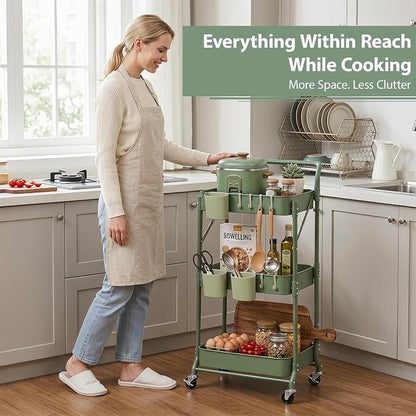Amatic 3-Tier Folding Rolling Utility Cart with Wheels, Metal Foldable Storage Cart Organizer with 3 Hanging Cups & 6 Hooks for Kitchen, Office, Living Room, Nursery(Green)