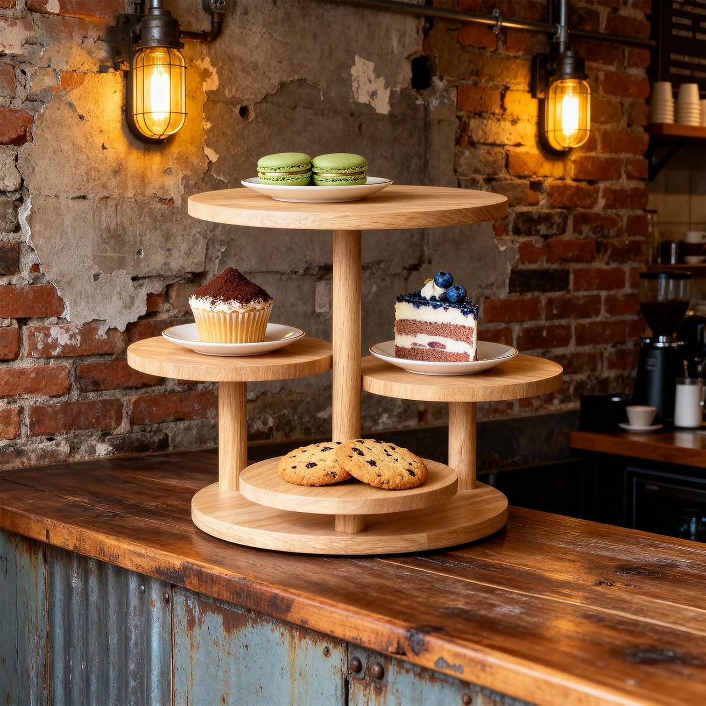 Voittozege 4 Tier Round Wood Cupcake Stand, Large Capacity Dessert Table Display Tower with Flower Shape, Rustic Farmhouse Tiered Tray Decor for Wedding and Birthday, Holds 50 Cupcakes
