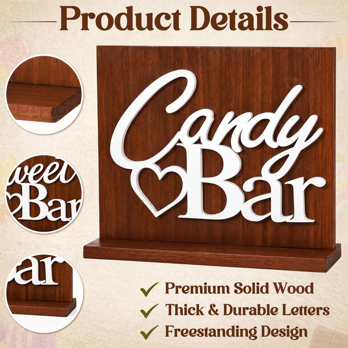 Novabright Candy Bar Wooden Sign with Rustic Wood Backboard & Stable Base, Freestanding Sweet Candy Bar Dessert Table Decor, Centerpiece with Stand for Wedding, Birthday, Bridal Shower & Party