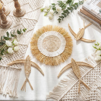 Chumia 4 Pcs Boho Wall Basket Decor Bohemia Woven Wicker Bird and Raffia Sun Jute Decor Boho Handmade Hanging Wall Art Rustic Jute Home Wicker for Indoor Bedroom Living Room Wedding Housewarming Gift