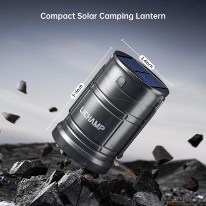 Lichamp Solar Camping Lantern 2-Pack, USB Rechargeable LED, Dark Gray, Model CLS-K002GH, Battery Powered, Three Modes for Emergencies