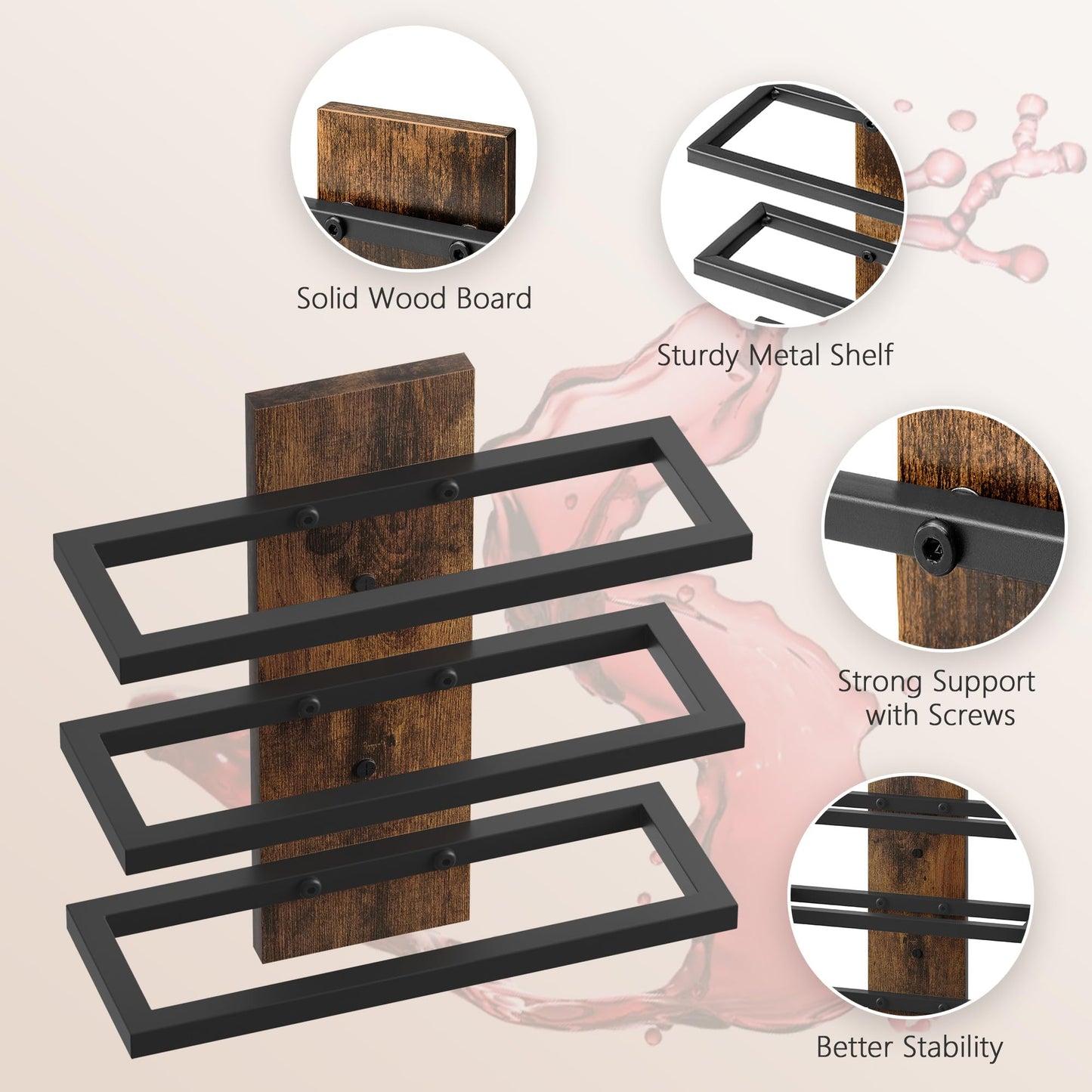 Hoctieon 3-Tier Wall Mount Wine Rack, Wall Mounted Wine Bottle Racks for Display and Storage, Hanging Bottle Holder, for Living Room, Dining Room, Bar, Wine Cellar, Rustic Brown