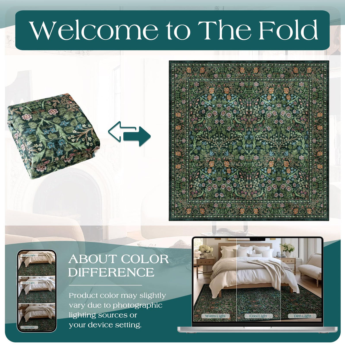 Othilic Moss Green 8x8 Square Rug - Soft Washable Boho Floral Living Room Rug Non Slip Stain Resistant Dark Forest Botanical 8' Square Area Rugs for Bedroom Guest Room Dining Room Rugs for Under Table