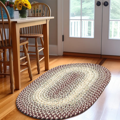Super Area Rugs Braided Rugs 2X3 Farmhouse Kitchen Rug - Ridgewood Braided Rug for Living Room - Reversible - Indoor/Outdoor - Made in USA - Burgundy/Beige, 2' X 3' Oval