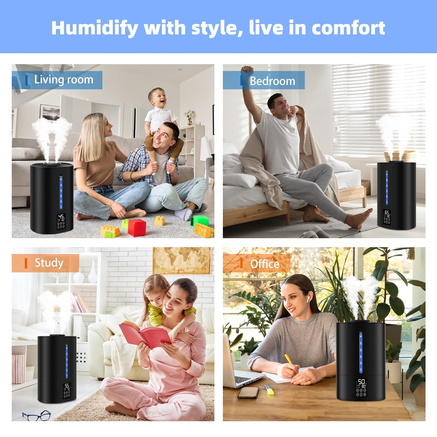 6L Humidifiers for Bedroom Large Room Home, Cool and Warm Humidifier for Plants Mist Top Fill Desk Humidifier Essential Oil Diffuser, Quiet Humidifiers with Adjustable Mist,360°Nozzle-Midnight Black