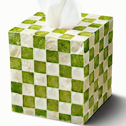 5.7" Square Tissue Box Cover for Kleenex and More, Handmade Green & White Checkered Capiz Shell Tissue Holder, Decorative Cube Tissue Box Cover for Bathroom, Living Room, Bedroom or Office (Natural)