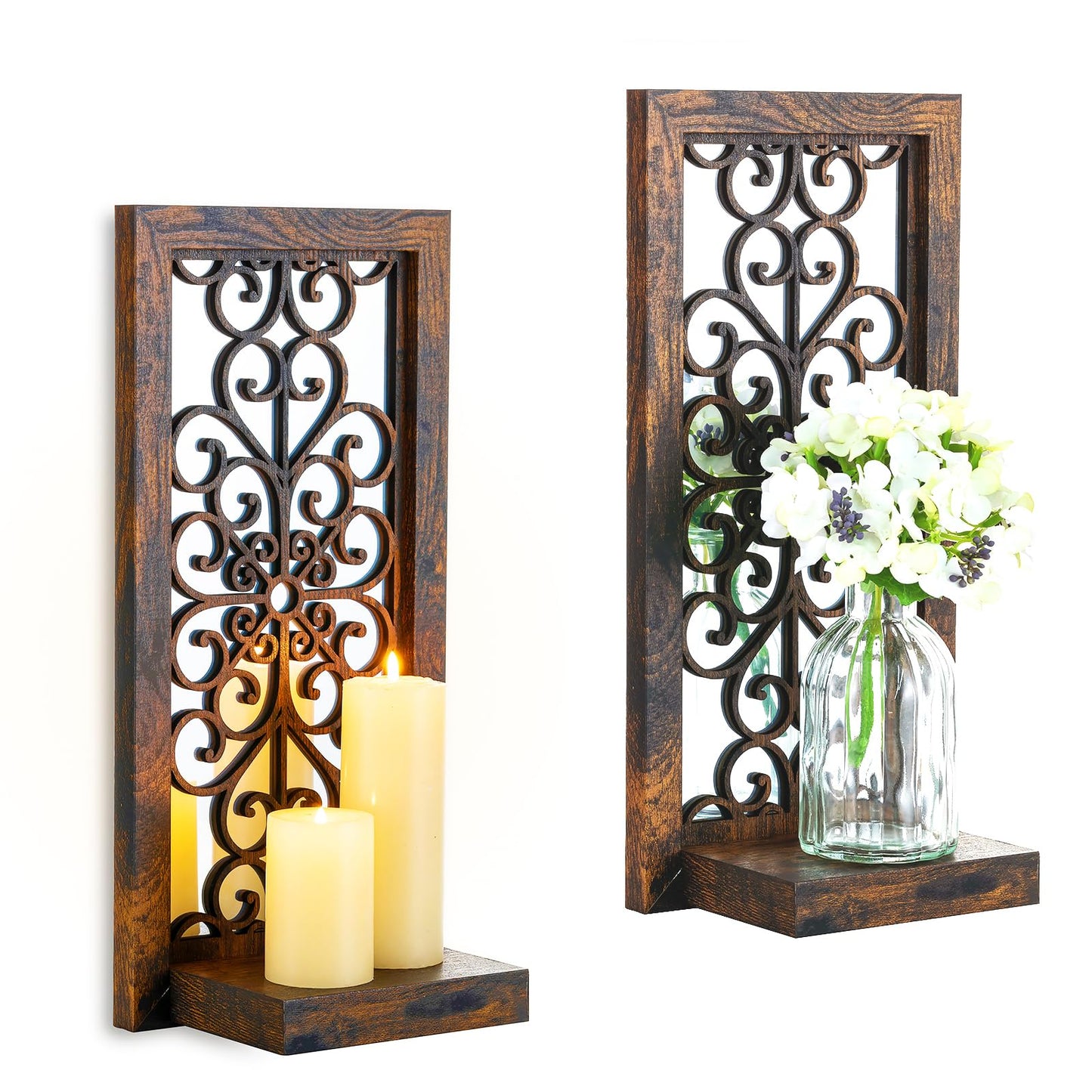 Walasis Farmhouse Wall Candle Holder Decor: Rustic Candle Sconces Set of Two for Pillar Candles - Brown Wooden Shelving for Fireplace Bathroom Hallway