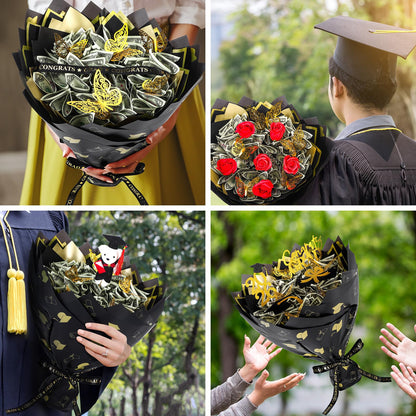 Colingmill Graduation Money Bouquet Kit 30 Sheet Flower Wrapping Paper 100 Pcs Skewers Floral Butterflies Rhinestone Pin Foam Blocks Ribbons Greeting Cards for DIY Congratulation Graduate Gift