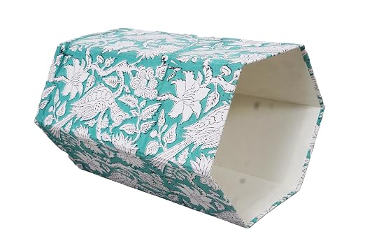 3.3 Gallon Cotton Hand Block Printed Paper Waste Basket |Small Decorative Trash Can for Housewarming Gifts in Living Room, Bedroom, Bathroom | Eco-Friendly, Plastic-Free (1, L, Green White MOR)