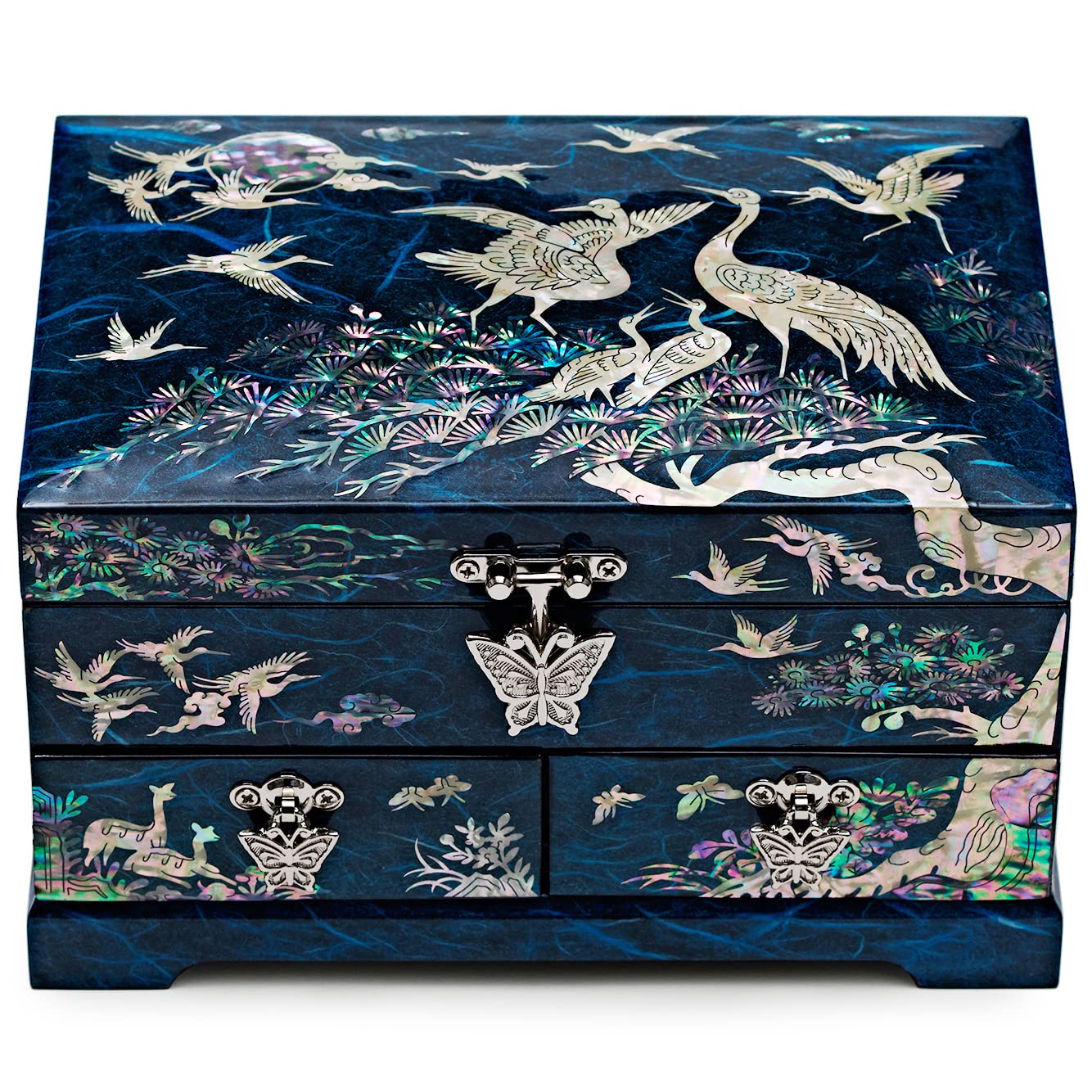 MADDesign Mother of Pearl Lacquered Jewelry Box Two Level Cranes Blue