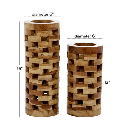 Deco 79 Teak Wood Handmade Decorative Vase Centerpiece Vases with Cut Out Patterns, Set of 2 Vases for Home Decoration 16", 12" H, Brown