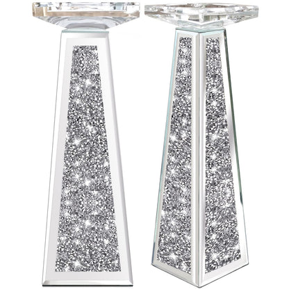 Wocred 2 Piece Candlestick Holders for Holding Pillar Candles, Crystal Crushed Diamond Candle Holders Set Decor for Dinning Room, Silver Glass Votive Candle Holders for Table Centerpiece(12”)