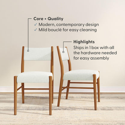 Plank+Beam Brio Dining Chair (2-Pack) - Upholstered Bouclé Seat, Solid Rubberwood Frame, Low-VOC Finish, Easy Assembly, Pecan/Ivory