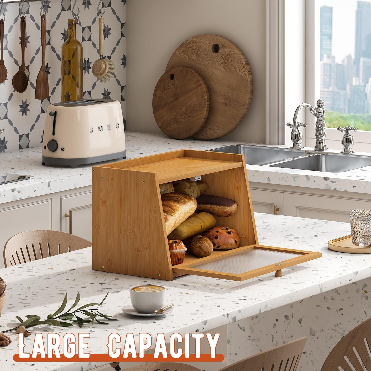 GHWIE Large Bread Box, Easy Access & Cleaning - Bamboo Bread Box for Kitchen Countertop with Acrylic Door (Natural, Medium)