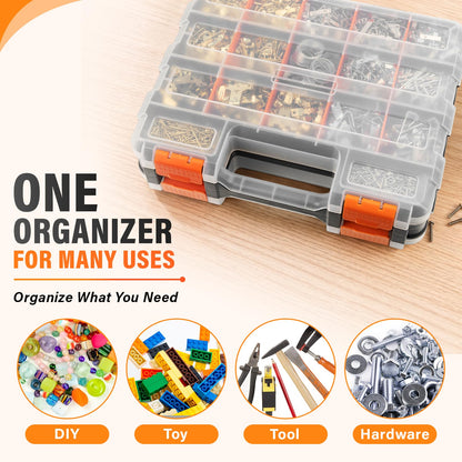 DIYSELF Tool Box, Double-Sided 34-Compartment Tool Organizer, Small Parts Organizer with Adjustable Space, Clear-Lid Small Storage Box for Hardware, Crafts, Beads, Jewelry and Fishing Accessories