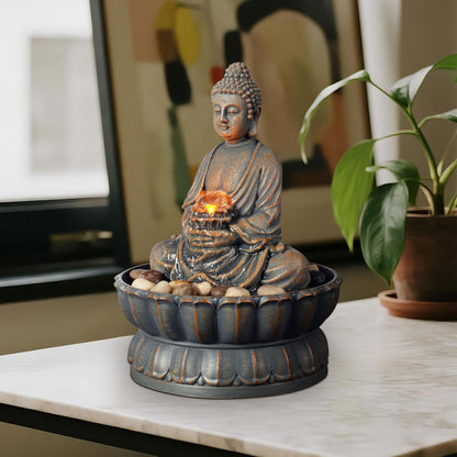 Kalona Home Décor 9.6" Tabletop Fountain Exquisite Smile Sitting Buddha Fountains Desk Water Fountain Decorative Zen Fountain w/Reflective Lighting/Cobblestone Office and Home Decor(21125A)