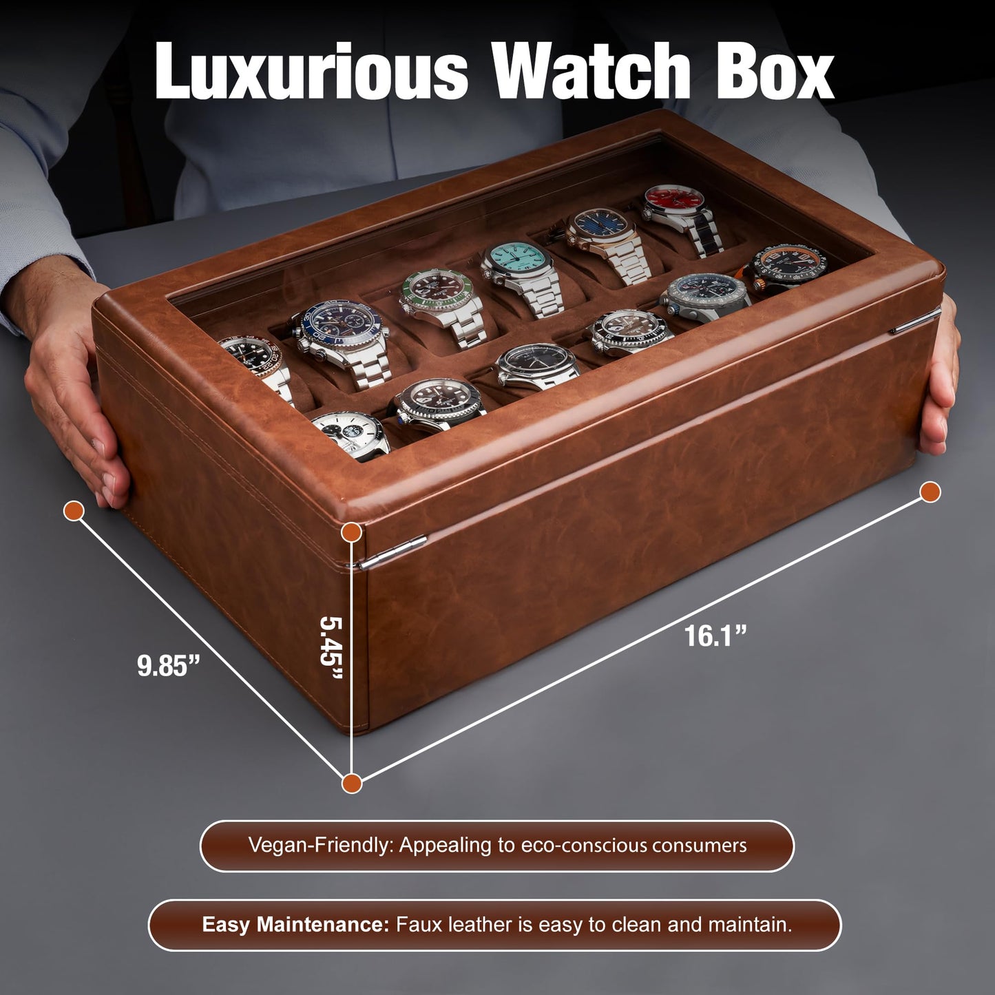 Awesometik 12 Slot LUXURY Faux Leather Watch Box Organizer. Real Glass Top. Watch Display & Watch Holder for Men. Watch Collection, Protection. For Men Ready to Gift (12 Slot Watch Box with Drawer)