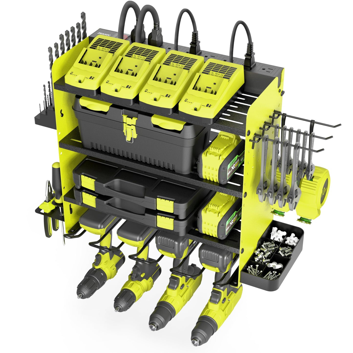 ZEAKOC Power Tool Organizer with Charging Station, 4 Layers Drill Holder Wall Mount,Metal Garage Rack with 10A Power Strip,Tool Shelves with Hooks,Drill Bit Storage, for Men Dad (Green&Black)