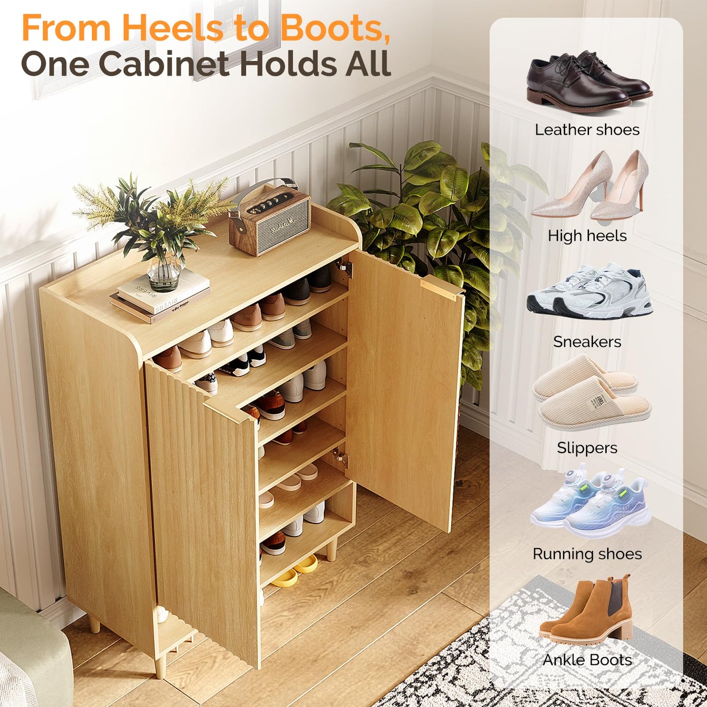 VINGLI Shoe Cabinet with Fluted Doors, 6 Tier Large Wooden Entryway Shoe Storage Cabinet with Adjustable Shelves,44.5" Tall Modern Freestanding Shoe Rack Organizer for Entryway, Hallway, Closet,Oak