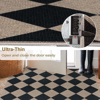 Rugalia Easy Jute Checkered Runner Rug, 2x6 Black Modern Washable Rugs Runner for Hallway Non-Slip Long Kitchen Rug, Geometric Diamond Indoor Outdoor Carpet for Porch Laundry Entryway