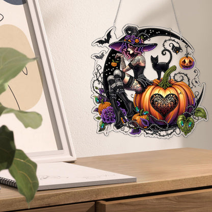 VODAPYC Halloween Witch Diamond Art Hanging Kit for Adults, DIY Double Sided Special Shaped Diamonds Art Window Pendant Ornament for Home Decor(Halloween Witch)