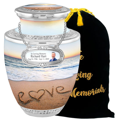 The Loving Memorials Personalized Medallion Love Beach Cremation Urns Adult Ashes Male Female - 200lbs Burial Urns Human Ashes - Handcrafted Funeral Decorative Urns Ashes Adult Male Velvet Bag
