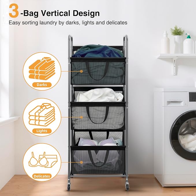 STO STO 3-Tier Vertical Laundry Hamper with Wheels, 120L Rolling Laundry Sorter with 3 Removable Breathable Mesh Bags, Rust-Resistant Steel Frame for Small Spaces, Apartment, Dorm, Black Mesh