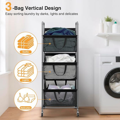 STO STO 3-Tier Vertical Laundry Hamper with Wheels, 120L Rolling Laundry Sorter with 3 Removable Breathable Mesh Bags, Rust-Resistant Steel Frame for Small Spaces, Apartment, Dorm, Black Mesh