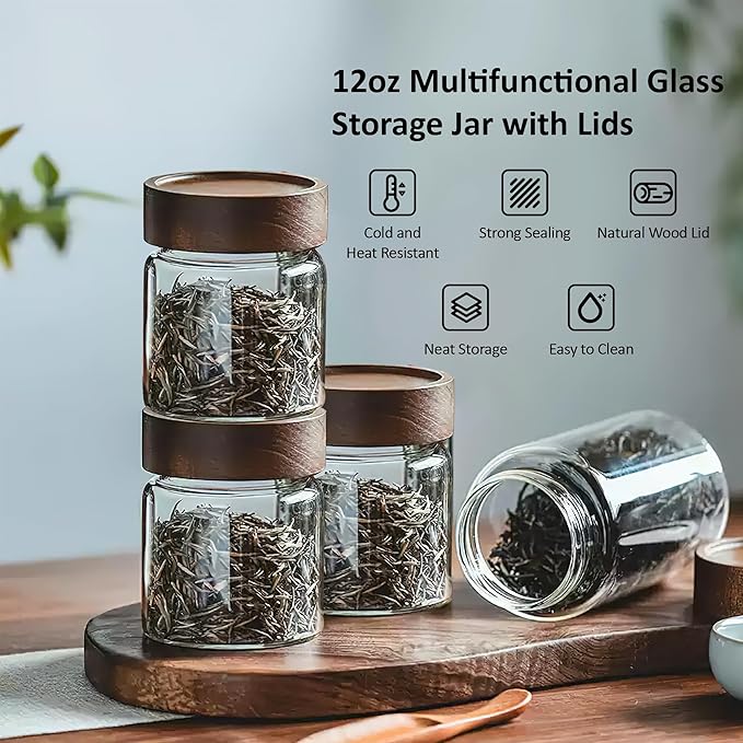 12 oz/350 ml Clear Glass Storage Canister with Airtight Wooden Lid, Small Overnight Oats Containers, Cute Decorative Salad Jar for Snacks Yogurt Spice Sugar Cereal Fruit Coffee Tea -4 Pack