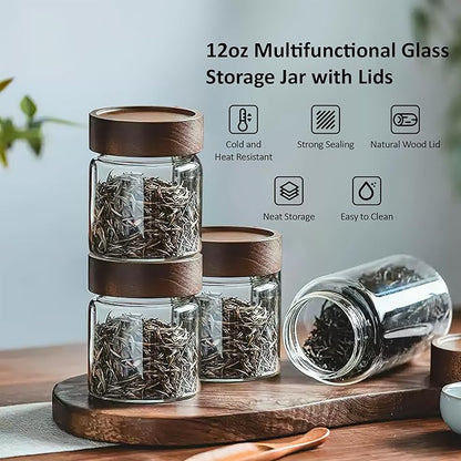 12 oz/350 ml Clear Glass Storage Canister with Airtight Wooden Lid, Small Overnight Oats Containers, Cute Decorative Salad Jar for Snacks Yogurt Spice Sugar Cereal Fruit Coffee Tea -4 Pack