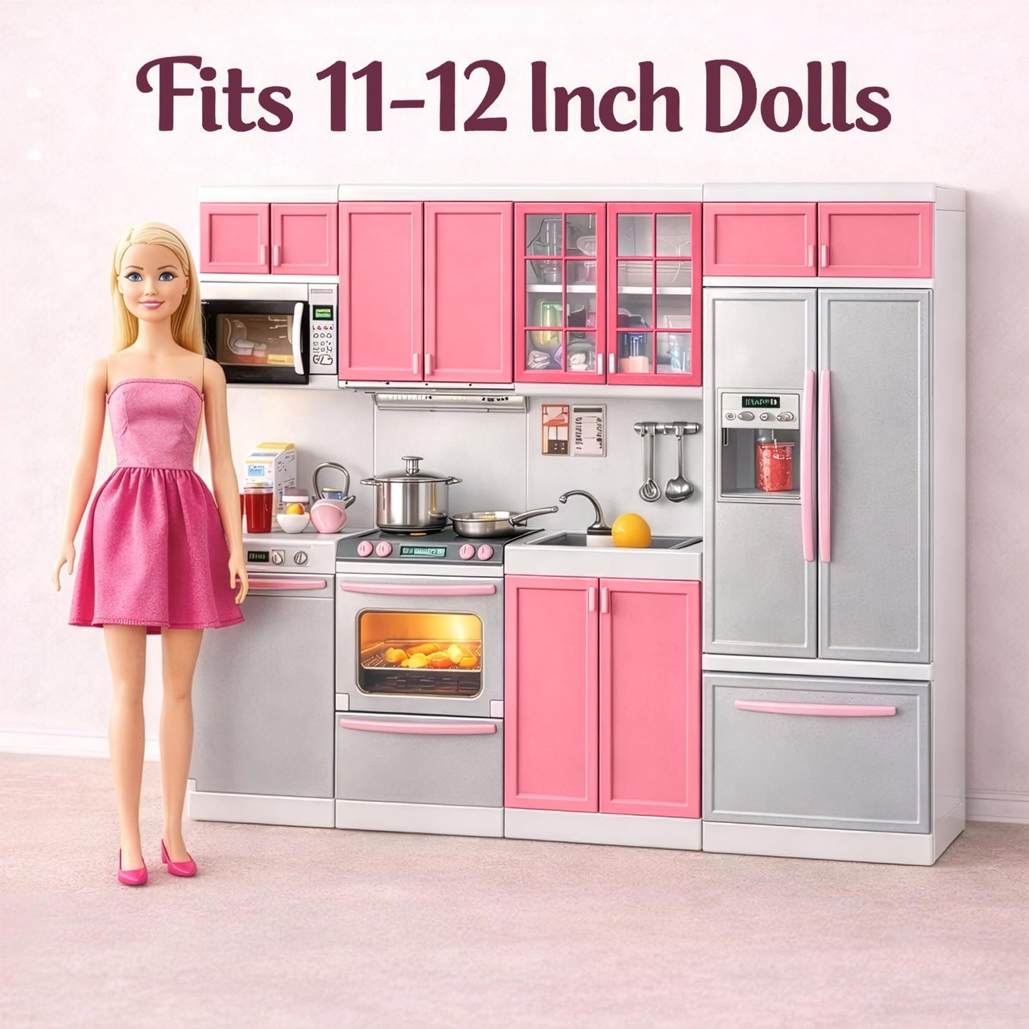 Doll Kitchen Playset for Kids, My Modern Mini Kitchen House Furniture Pretend Play Toy Accessories Set with Realistic Lights & Sounds for Toddlers, Girls (4-in-1)