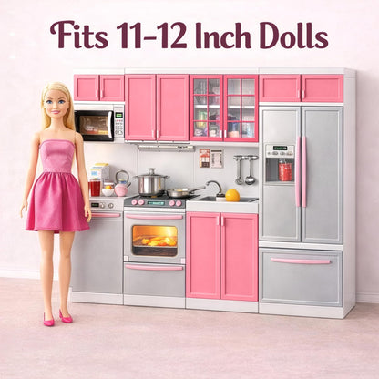 Doll Kitchen Playset for Kids, My Modern Mini Kitchen House Furniture Pretend Play Toy Accessories Set with Realistic Lights & Sounds for Toddlers, Girls (4-in-1)