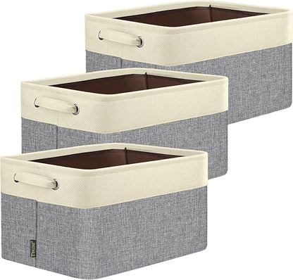 BALEINE 3 Pack Fabric Closet Storage Bins for Shelves, Linen Closet Organizers and Storage, Decorative Baskets for Organizing, Shelf, Clothes, Home, Office (Grey, 17''x13''x10.5'')